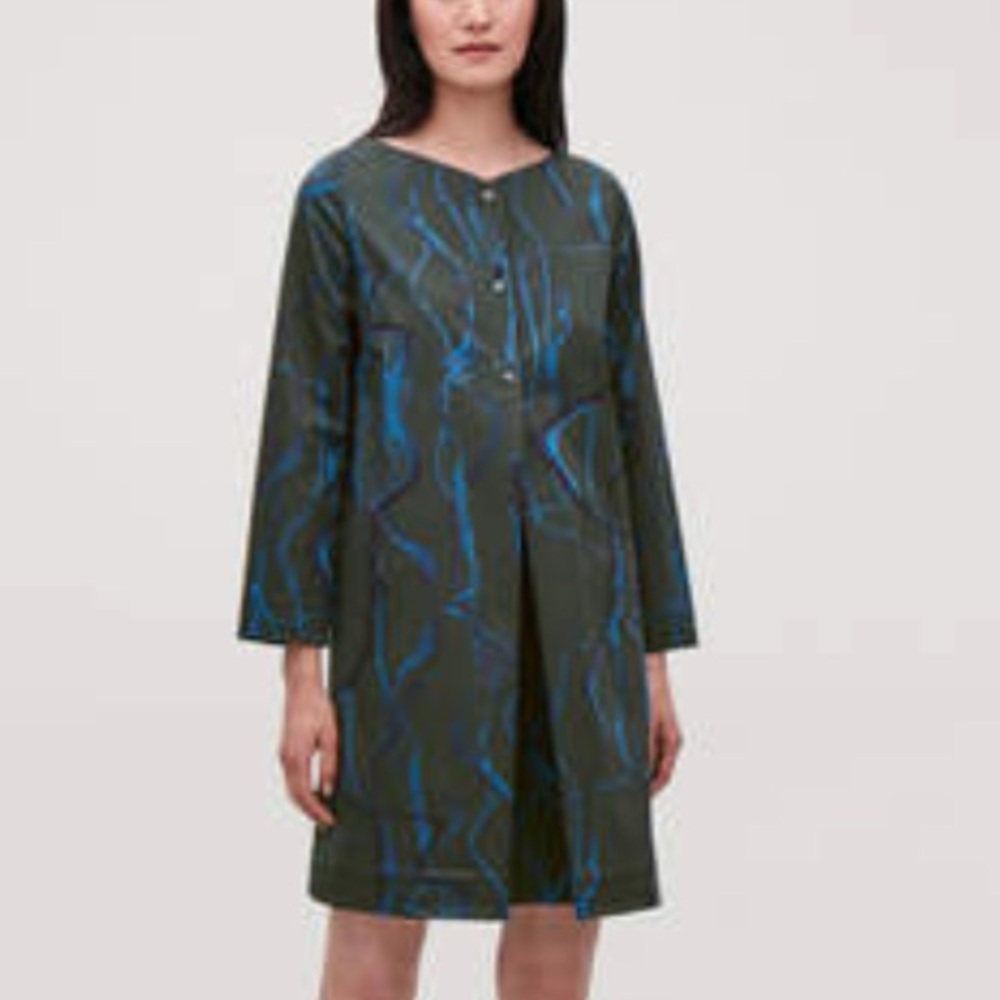 EUC COS Printed Long-Sleeve A-Line Dress in Dark Forest Green with Blue, Size 8